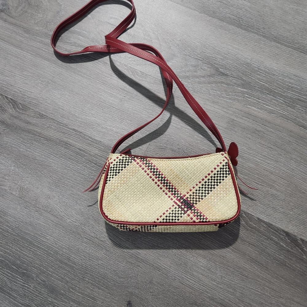 Etienne Aigner Red Woven Plaid Crossbody Vtg Mini Bag Red Trim Butterfly